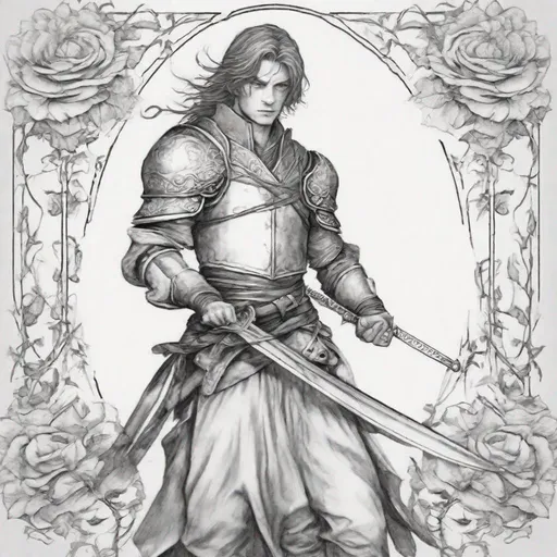 Prompt: Create me a simple straight short sword, the picture should be in black and white, pencil drawn, and a floral border and white background 