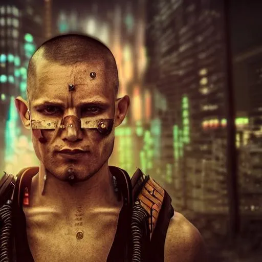 Prompt: portrait, cyberpunk, warrior monk, rain, night, science fiction