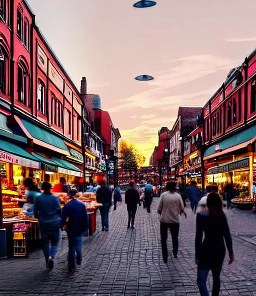 Prompt: Generate a realistic depiction of a busy town shot using a Canon 5D Mark IV camera with a 50mm lens and natural lighting during golden hour. The scene should include bustling streets, people walking, and various shops and buildings 