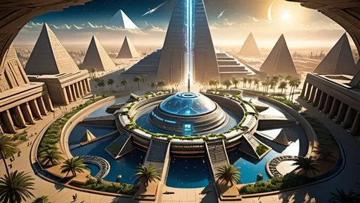 Prompt: Stargate in the middle of a city plaza, futuristic setting, aerial view, star portal, pyramid spaceships, floating pyramids, hanging gardens, detailed fantasy art, futuristic gardens, highres, detailed, aerial perspective, fantasy art, sci-fi, futuristic, star portal, detailed architecture, egyptian architecture, professional, magical lighting, atlantis setting