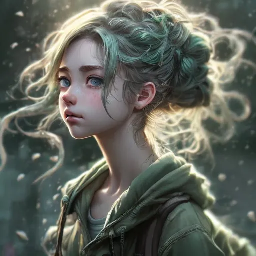 Prompt: extremely realistic, hyper detailed, long green wavy hair in a messy bun anime girl,highly detailed face, highly detailed eyes,  full body, whole body visible, full character visible, soft lighting, high definition, ultra realistic, 2D drawing, 8K, digital art