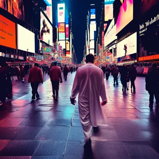 Prompt: A man in a different dimension walking around spiritually enlightened while being in the light guided by his higher self feeling Love and abundance in the streets of time square new york