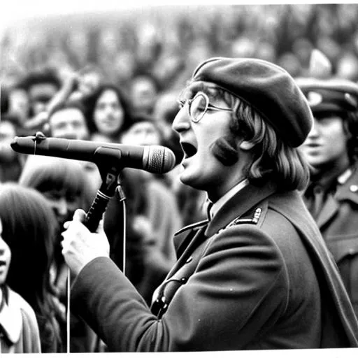 Prompt: John Lennon imagine peace world war  2 1970 retro Lennon singing among fans 