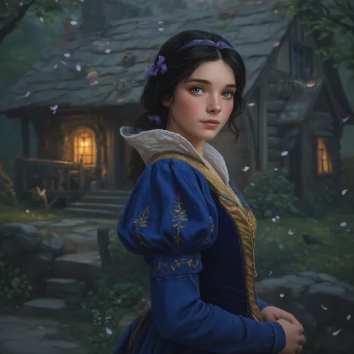 Prompt:  A full-length portrait of Snow White standing outside the Dwarves' forest cottage, styled with the delicate, hyper-realistic painterly look of a Renaissance-inspired fairytale painting. She has striking, wide cerulean blue eyes, a porcelain complexion that practically glows, highlighting her rosy cheeks, and dark hair tied back with soft purple ribbons. Her expression is gentle and curious, with a touch of innocence and resolve. Her dress is a modern fairytale reinterpretation: flowing, rustic yet elegant, in deep indigo and muted gold tones with subtle embroidery. The scene is set at twilight in a lush, enchanted forest, with the warm glow of lantern light spilling from the windows of the cozy wooden cottage behind her. Soft petals drift through the air, and birds perch nearby, adding to the enchanted ambiance. Style is hyper-detailed, cinematic, with soft lighting and magical realism. --v 5 --style painterly --lighting soft twilight --mood enchanted --focus full-body --environment forest cottage --texture realistic fabric and hair