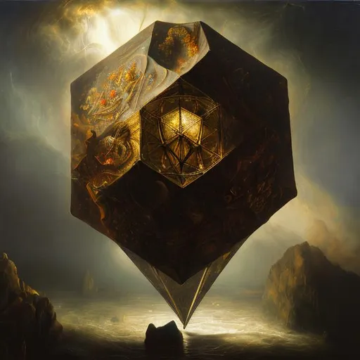Prompt: a highly detailed oil painting of an icosahedron floating in The Fifth Dimension,  Rembrandt, Agostino Arrivabene 