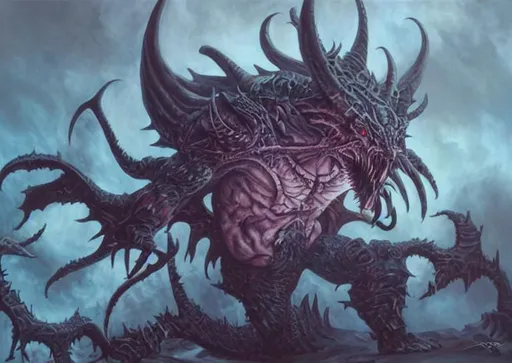 Prompt: demonic creature, large, sharp teeth, an ultrafine detailed painting by Chris Rahn, advanced digital painting, scales, armor, intimidating, sinister appearance, features horns, wings, and a muscular physique that convey its strength and prowess. glowing eyes, sinister grin should further emphasize its malevolent nature, terrifying presence, teal purple background color, dramatic light