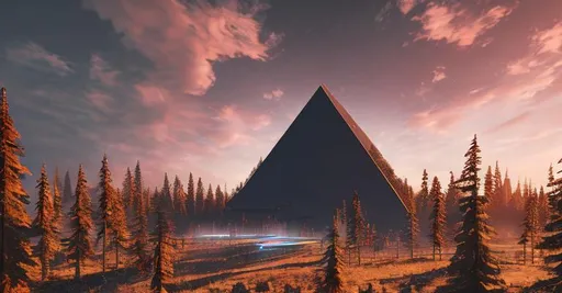 Prompt: futuristic cyber black sleek pyramid surrounded by a forest, tall trees, sunset sky, unreal engine, hyperrealism, soft lighting