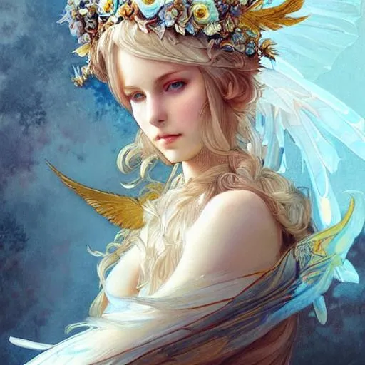 Prompt: A girl with blonde hair,blue eyes, flower crown, , huge highly detailed wings, fantasy, intricate, elegant, attractive ,highly detailed, digital painting, artstation, concept art, smooth, sharp focus, illustration, art by Krenz Cushart and Artem Demura and alphonse mucha
