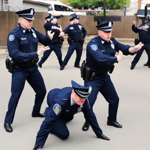 Prompt: bipedal pig-police officers in uniform doing a synchronized hiphop dance. Photo realistic.