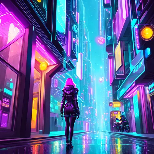 Prompt: painting of a woman, nighttime, futuristic city street, Sci fi, galaxy, soft light, pastel colors, muted color scheme, art, painting, sweet, fireflies  cyberpunk