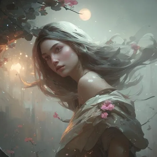 Prompt: "a beautiful painting of in the silent, starlit nights, beautiful flower, girl, by greg rutkowski, trending on artstation"