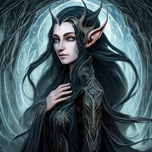 Prompt: Full body picture, A high elf cloaks herself in deep, ebony robes adorned with silver embroidery, symbolizing the intricate dance between her past as a Folk Hero and her current eldritch nature. Her eyes radiate an eerie glow, mirroring the secrets of her pact. Her long, obsidian hair cascades like a waterfall of shadows.