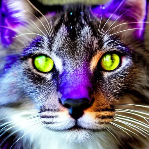 Prompt: Galaxy, purple and blue fur, green eyes, stars in fur, space background, ultra realistic