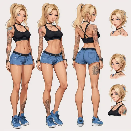 Prompt: Character design sheet for a woman, age 21, east-asian, gyaru, athletic physique, dyed blonde hair, blue eyes, tanned skin, tattoos, in a delinquent outfit, 