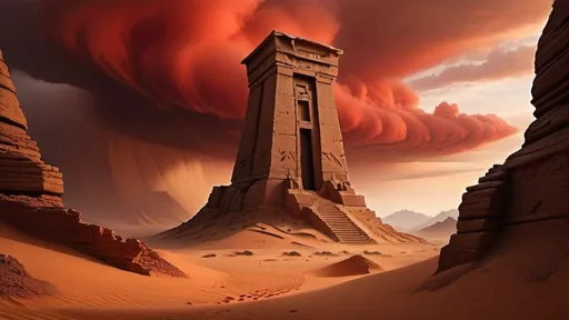 Prompt: ancient ruins in foreground, darkest night, nightmare, carved alien symbols on stone pylons, alien stone bunkers with sloping walls, fortified outpost, ancient megalith architecture, no trees, no bushes, no grass, no leafy vegetation, rocky desert alien planet setting, rocky mountainous region, in the style of frank herbert's dune, stormy night sky filled with red clouds, dust haze, red fog, sand storm, highly detailed, photo-realistic, hyper-real