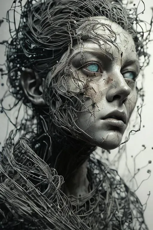 Prompt: a black and white drawing of a woman's face, driftwood sculpture, intricate manga drawing, ash thorp, tattered clothes, wiry, made of cardboard, she has a distant expression, made of wire, half - electric striking woman, scribbled