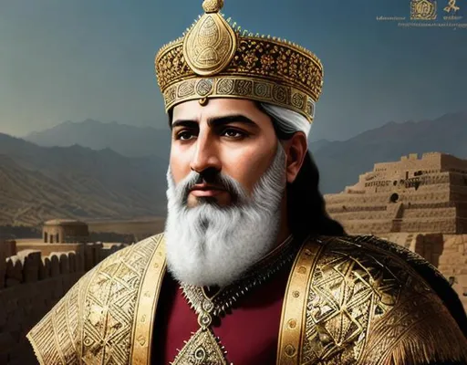 Prompt: Full portrait of Achaemenid king Cyrus the Great, Persian castle, intricate, rugged, highly detailed, artstation, concept art, sharp, sharp focus,