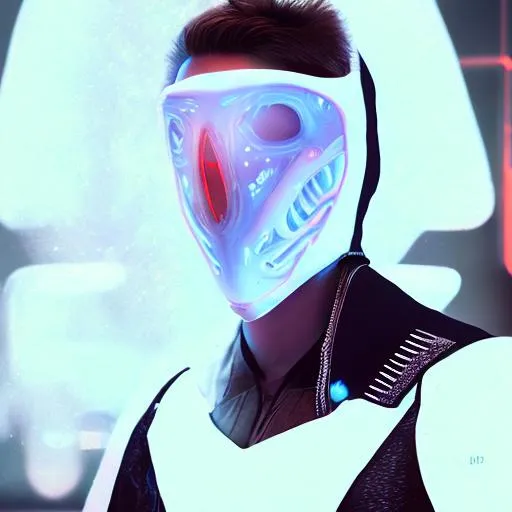 Prompt: Quality, detailed, 8k, cyberpunk, hooded figure, glowing mask, neon back lighting, air particles, heartbroken, dressed in white, handsome