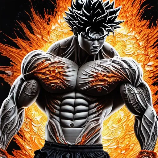 Prompt: 64K masterpiece intricate hyperdetailed breathtaking 3D glowing black oil painting medium portrait of son goku, orange trousers, intricate hyperdetailed muscular body, intricate hyperdetailed muscles, glowing white light reflection on the muscles, hyperdetailed intricate hard standing glowing hair, hyperdetailed glowing angry white eyes, detailed face, white glowing muscles, tan glowing body, tan glowing skin, semi-polaroid monochrome photography, hyperdetailed complex, character concept, hyperdetailed intricate glowing shining glamorous colored water drop floating in the air, very angry, intricate glowing light reflection, intricate hyperdetailed glowing iridescent reflection, strong glowing white light on the hair, contrast white head light, hyperdetailed very strong colored shadowing very strong colored muscle shadow, professional award-winning photography, maximalist photo illustration 64k, resolution High Res intricately detailed, impressionist painting, yellow color splash, illustration, key visual, panoramic, cinematic, masterfully crafted, 8k resolution, stunning, ultra detailed, expressive, hypermaximalist, UHD, HDR, UHD render, 3D render, 64K, hyperdetailed intricate watercolor mix oil painting on the body, Toriyama Akira colored cyberpunk 2077 city skline backround