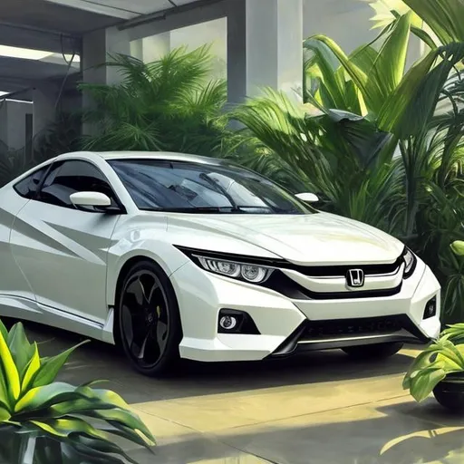 Prompt: White futuristic honda car with lot of plants hiper-realistic oil paint         