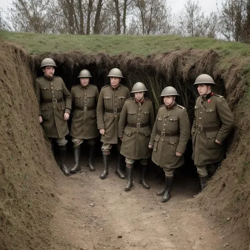 Prompt: World War one trench with five World War one soldiers in the trench.