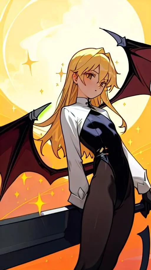 Prompt: priest, sparkly leotard, flat chest, bat wings, full view, leggings, scythe, blonde hair