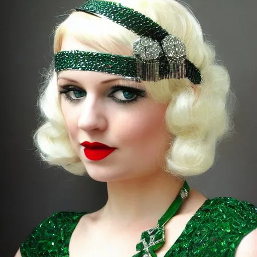 Prompt:  blonde 1920s flapper with a  green diamond headpiece, red lips, 