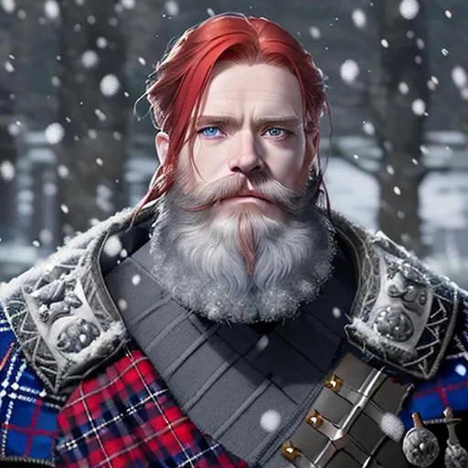Prompt: scottish king 15th century red hair and dark blue eyes battle hardened skin small shallow eyes,  grey beard beautiful intricate colored hair, symmetrical, snowing, soft lighting, detailed face, wearing tartan kilt and weopans by makoto shinkai, stanley artgerm lau, wlop, rossdraws, concept art, digital painting, looking into camera