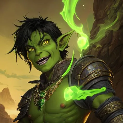 Prompt: oil painting, D&D fantasy, green-skinned-goblin man, green-skinned-male, small, short black hair, crazy look, pointed ears, fangs, looking at the viewer, thief wearing intricate adventurer outfit, #3238, UHD, hd , 8k eyes, detailed face, big anime dreamy eyes, 8k eyes, intricate details, insanely detailed, masterpiece, cinematic lighting, 8k, complementary colors, golden ratio, octane render, volumetric lighting, unreal 5, artwork, concept art, cover, top model, light on hair colorful glamourous hyperdetailed medieval city background, intricate hyperdetailed breathtaking colorful glamorous scenic view landscape, ultra-fine details, hyper-focused, deep colors, dramatic lighting, ambient lighting god rays, flowers, garden | by sakimi chan, artgerm, wlop, pixiv, tumblr, instagram, deviantart