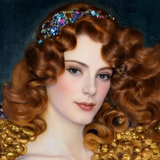 Prompt: Portrait of {beautiful women} with {brown} hair, a halo above her head and with a cute face, {by Gustaf Klimt}, perfect composition, hyperrealistic, super detailed, 8k, high quality, trending art, trending on artstation, sharp focus, studio photo, intricate details, highly detailed, style Gustaf klimt and tsutomu nihei 