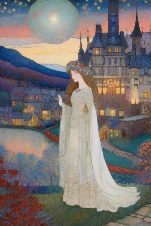 Prompt: Inlay Aubusson tapestry: a winter enchanted beautiful princess and her white horse, a whimsical village landscape background under a beautiful twilight night sky art by Jane Small, Edmund Dulac, Iris Scott, John Lowrie Morrison, Thomas Edwin Mostyn, Gustav Klimt, John Piper, William Timlin, John Bauer. 3/4 portrait, beautiful pastel aquarelle colours, crispy quality, cinematic smooth, polished finish, high quality, very clear resolution, blue, gold and rose tones, metallic glow