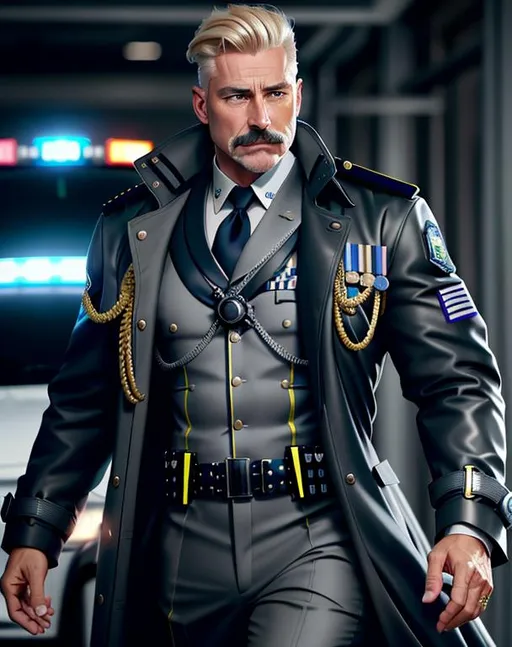 Prompt: perfect composition, {45 year old}, lean {blonde Australian police chief}, {short hair}, bearded goatee {large moustache}, {wearing futuristic trench coat over police gear}, extra masculine, peak fitness, determined expression, 8k eyes, detailed face, wlop, stanley artgerm lau, artstation, hd, octane render, hyperrealism intricate details, 8k, cinematic volumetric light, proportional, sharp focus, studio photo, intricate details, highly detailed, intricate artwork masterpiece, ominous, intricate, epic, trending on artstation, highly detailed, vibrant, production cinematic character render, ultra high quality model, 
