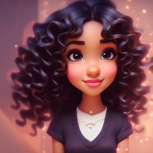 Prompt: Disney, Pixar art style, CGI, girl with muted light dark skin, dark eyes, long black curly hair, very pretty, solemn expression