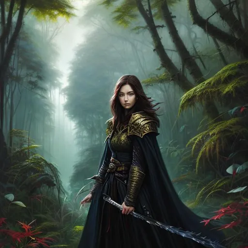 Prompt: Portrait painting, beautiful human female fighter, black cloak, in the jungle, dull colors, danger, fantasy art, by Hiro Isono, by Luigi Spano, by John Stephens