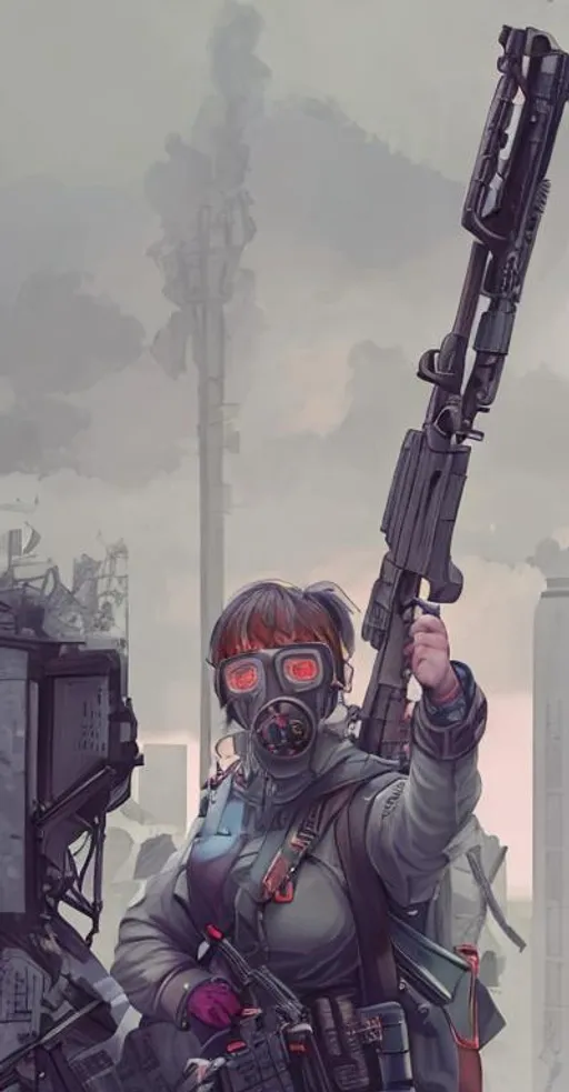 Prompt: Beautiful female angel, trees, nuclear winter, burning objects, guns, gas mask, lots of color, cyberpunk