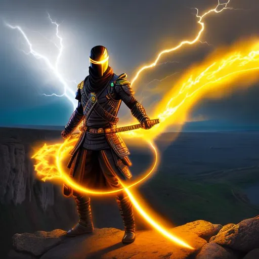 Prompt: sci-fi armoured ninja god son of apollo yellow electric aura wielding fire katana standing on cliff about to attack dark lightning