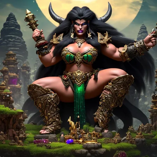 Prompt: A Large muscular [Barbarian] ogre woman with [tusks] and [black sclera], glaring at the viewer, raising an eyebrow. lounging upon a large mound consisting of various treasures, gems, emeralds, diamonds, rubies, sapphires, onyx, and gold coins. wielding an ornate-looking mace encrusted with various precious gems. Perfect Hands, Perfect Face, 