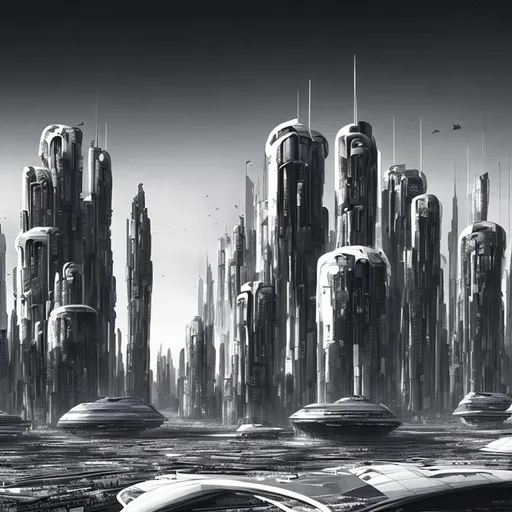 Prompt: future city, in Afrika, rounded and spikey architecture, sunset, black and white, cyber punk