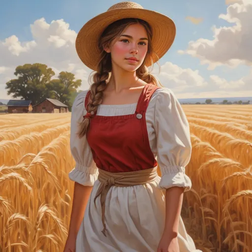 Prompt: A detailed oil-painting in a realistic style.  A sunlit western farm girl, highly detailed beautiful youthful cute facial features, dynamically posed walking through a golden wheat field, square composition. She wears a rustic red crop top with puff sleeves, a white apron-skirt tied at the waist, and a straw hat tilted over long, braided brown hair. She carries a proportionally sized (wood water-bucket with vertical slats) by her side. Her skin is sun-kissed, expression dreamy and uplifted toward the sky. The field glows with amber warmth under a rich turquoise sky. Painterly brushstroke texture, 1970s vintage illustration style, warm color palette, high contrast lighting, cinematic composition, nostalgic Americana aesthetic.