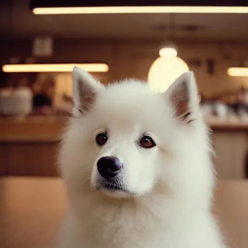 Prompt: Vintage-style portrait of a fluffy Japanese Spitz in a bakery setting, 35mm film camera, 50mm lens, natural lighting, warm color scheme, bakery setting, Photoshoot, 70mm lens, Depth of Field, DOF, Shutter Speed 1/250, F/4, White Balance, 10k, Super-Resolution, sRGB, Backlight, Natural Lighting, Moody Lighting, Soft Lighting, Shadows, Screen Space Reflections, Scan Lines, Ray Tracing Ambient Occlusion, Anti-Aliasing, Post Processing, Cel Shading, CGI, VFX, with flour on its nose and paws, adorable and playful expression, centered