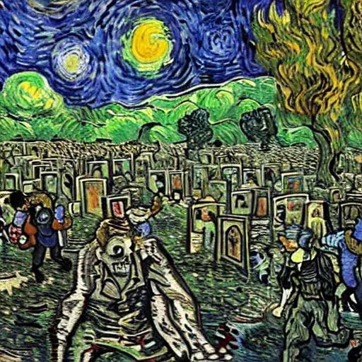 Prompt: Van Gogh style  zombie apocalypse in cemetery media mixed paint oil walking dead 