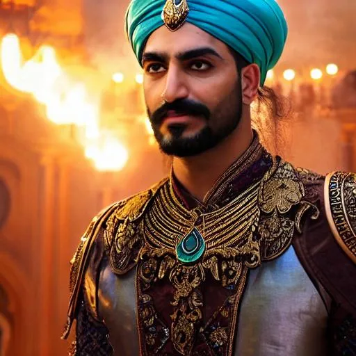 Prompt: no beard, persian warrior with cyan turban, face of Khaled Nabawy, perfect composition, moustache and curly goatee, thin face,  proportional face hyperrealistic, super detailed, 8k, high quality, trending art, trending on artstation, sharp focus, studio photo, intricate details, highly detailed, by greg rutkowski,volumetric lights, detailed textures, Arnold render, 8k  highly detailed, high resolution, 70mm, cinematic, clean render, no beard