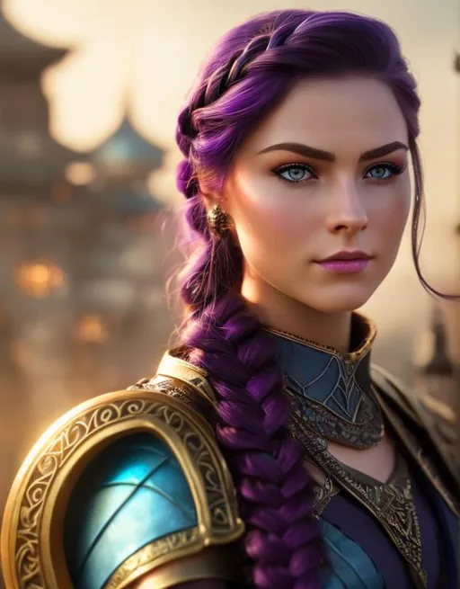 Prompt: she has dark purple hair, one braid in hair, create most beautiful fictional female viking princess warrior, dark purple hair, light blue eyes, extremely detailed environment, detailed background, intricate, detailed skin, professionally color graded, photorealism, 8k, moody lighting