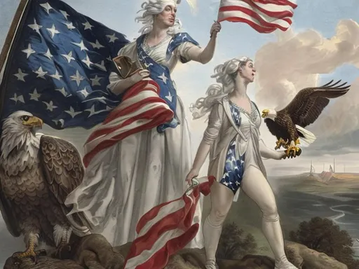 Prompt: Columbia, the personification of  the United states of america, with a bald eagle on her shoulder, and holding an American flag.