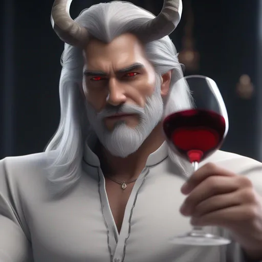 Prompt: A gray demonic appearance, long white hair, red eyes, small beard on his chin, two horns, a small beard on his chin, two horns on his forehead, drinking wine, Hyperrealistic, sharp focus, Professional, UHD, HDR, 8K, Render, electronic, dramatic, vivid, pressure, stress, nervous vibe, loud, tension, traumatic, dark, cataclysmic, violent, fighting, Epic

