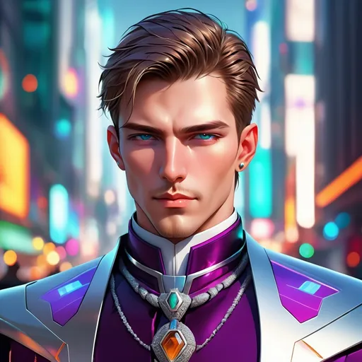 Prompt: (ultra-detailed) close up of a male ambassador, (noble dress clothes), silk clothing and silver jewelry, vibrant colors, sci-fi atmosphere, lineless art style, striking facial features, sleek design, digital rendering, blurred city background, (4K resolution), dynamic lighting, otherworldly ambiance.