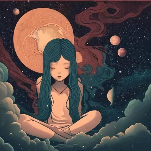 Prompt: a picture of a mystical girl sitting inside her safe space, feeling lonely and depth condolences, trying to fight the world with the view of the universe in a warm tone with surrealist style
