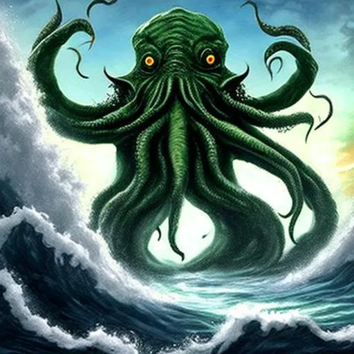 Prompt: Mighty Gigantic God Cthulhu arises from the sea