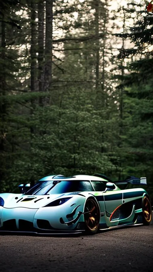 Prompt:  wide body heavily modified koenigsegg at illegal meet, dark and shadowy background, in the Canadian forest, 30 minutes after sunset, long depth of field.