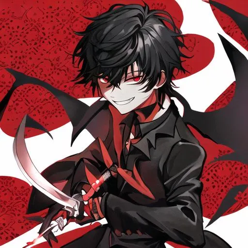 Prompt: Damien  (male, short black hair, red eyes) holding a knife and grinning sadistically 